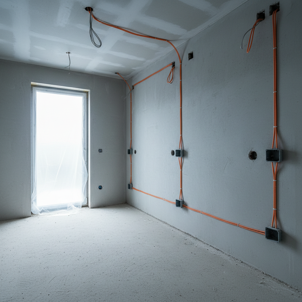 A partially finished detached house in the Legionowo area, seen from inside an empty room with bare concrete floor and rough plastered walls, showcasing newly installed electrical conduits and junction boxes. Orange flexible conduits run vertically and horizontally, emerging neatly from wall chases and ceiling, ready for future sockets and lighting points. A window on the side lets in cool, overcast daylight, casting soft, natural illumination across the raw surfaces and highlighting the geometry of the electrical layout. Photographic realism with a wide-angle, slightly low perspective to capture floor, walls, and ceiling routes. The mood is professional and forward-looking, showing careful planning during the construction phase.