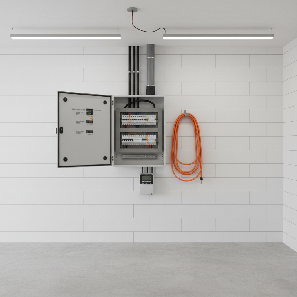 A tidy single-car garage conversion in a suburban Polish home, featuring a newly installed electrical connection and distribution point. A robust gray external-rated enclosure with transparent door houses labeled breakers, mounted on a clean white masonry wall. Thick black main supply cables enter from a neatly sealed conduit, and a digital energy meter is clearly visible. The concrete floor is swept and unmarred, with a coiled extension cable hanging orderly nearby. Cool white LED strip lighting along the ceiling provides bright, even illumination, creating crisp shadows and clear legibility of labels. Photographic realism at eye level, with balanced composition using rule of thirds. The mood is secure and professional, emphasizing reliable electrical connections and workmanship.