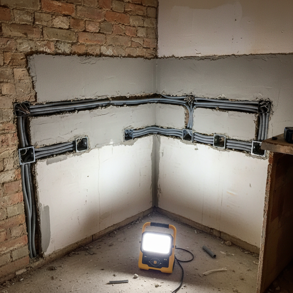 A small, older kitchen undergoing electrical renovation, with the lower cabinets and tiles removed to reveal carefully chased wall channels containing new corrugated conduits for sockets and appliances. Fresh plaster outlines precise routes above where worktops will be, and new flush-mounted mounting boxes are perfectly aligned in a row. A simple portable LED work lamp on the floor casts strong, focused light, creating dramatic but controlled shadows that make every detail of the installation visible. Photographic realism from a slightly elevated corner angle, capturing both the wall and floor. The mood is technical and methodical, showing the hidden quality of professional electrical work in a remodelled space near completion.