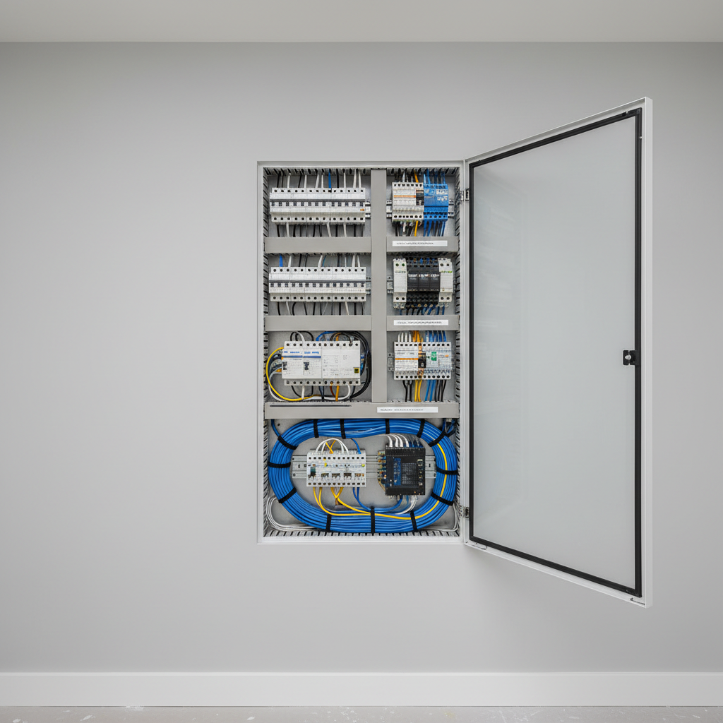 A modern smart home electrical cabinet in a new-build house, with rows of labeled modular breakers, surge protectors, and DIN-rail mounted smart relays inside a tall white enclosure. Structured cabling, fiber, and low-voltage lines are neatly separated from power circuits, each bundled and tied with consistent spacing. The background wall is smooth and freshly painted, with a simple skirting board visible below. Neutral, bright LED overhead lighting illuminates every component evenly, with no deep shadows, ideal for technical clarity. Photographic realism from a straight-on perspective, sharp focus throughout to read labels and see cable organization. The mood is advanced yet orderly, conveying professional integration of traditional electrical and smart systems.