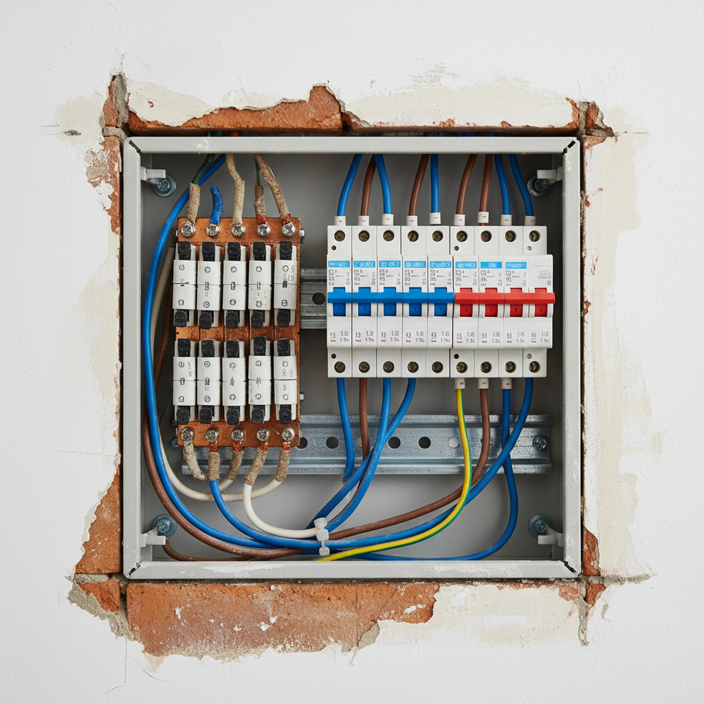 A detailed close-up of an open main electrical distribution board undergoing modernisation in a single-family home, with old ceramic fuses on one side and new modular safety breakers with surge protection installed on the other. Inside the metal cabinet, cleanly routed blue, brown, and yellow-green cables are aligned along DIN rails and cable ducts. The background shows a partially renovated wall with visible plaster patches and exposed brick. Neutral, diffused work-light from an LED floodlight illuminates the scene, creating sharp clarity without harsh shadows. Photographic realism at eye level, emphasizing contrast between outdated and upgraded components. The mood is technical, precise, and trustworthy, highlighting professional panel upgrades.