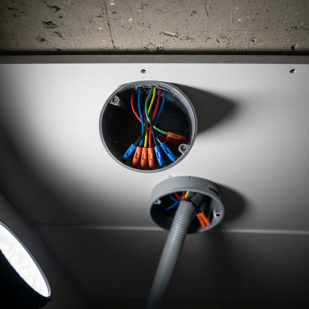 A detailed macro shot of a junction box in a ceiling void of a renovated flat, with the lid removed to reveal carefully arranged wire connectors and color-coded conductors twisted and secured correctly. The rough concrete ceiling slab above contrasts with the newly laid gypsum board edges, and a length of corrugated conduit disappears into the distance. A narrow beam from a portable work light enters from the side, producing strong highlights on the plastic connectors and soft falloff into surrounding shadows. Photographic realism with shallow depth of field, focusing sharply on the terminations while the edges blur. The mood is meticulous and technical, emphasizing hidden quality and safety in professional electrical installations.