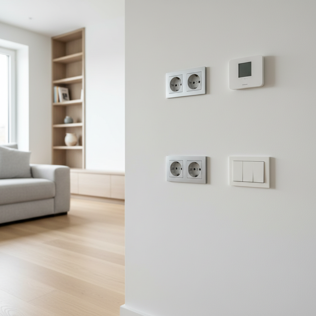A bright, newly renovated apartment living room with discreet electrical details showcased: perfectly aligned double wall sockets with brushed aluminum covers, a sleek white thermostat, and a clean light switch panel positioned on a flawless matte-white wall. The light oak floor and minimalist built-in shelving subtly frame the scene. Soft afternoon daylight enters from an unseen window, casting faint, natural shadows that highlight the precise installation. Photographic realism from a slightly elevated angle, with a shallow depth of field focusing on the electrical fixtures while the room remains gently blurred. The atmosphere is calm, contemporary, and orderly, underscoring reliable, high-quality residential electrical services.